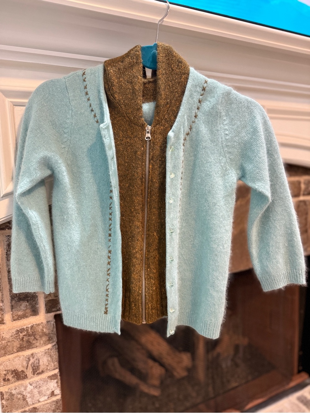 Woman’s Dual-Layer Zip & Button Cardigan Jacket - Light Blue and Brown